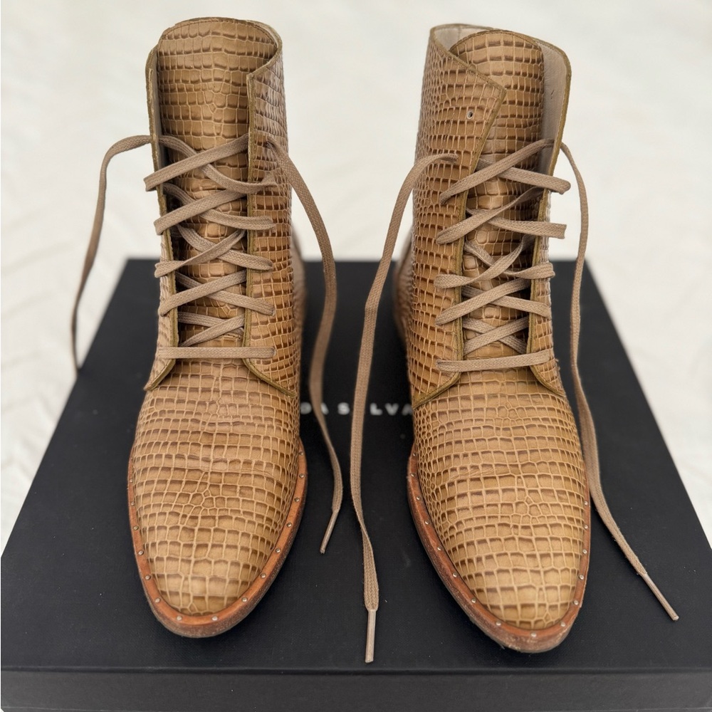 Freda Salvador Ralf Combat Boot - Wheat Embossed Croc - Size 6